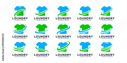 Collection of laundry logos in modern vector style, perfect for laundromats, washing services, dry cleaning businesses, and clothing care brands.