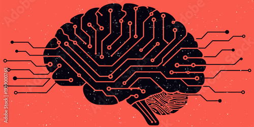 A vector graphic illustration of a human brain with circuit board lines and microchip connections on a red background representing artificial intelligence and technology