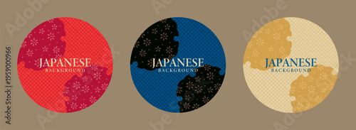 Vintage circle background frame set with classic japanese geometric and floral pattern.
