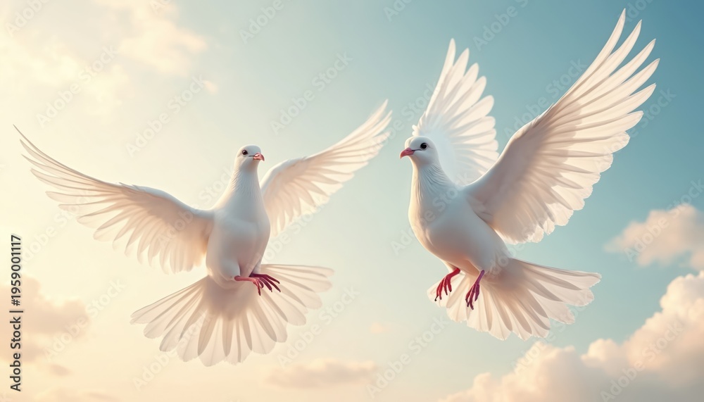 Obraz premium Two white doves fly gracefully against a blue sky with clouds. Birds spread their wings in a symbol of peace and freedom. Gentle flight toward horizon in soft light.