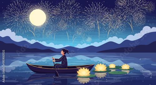 Young person rowing boat with lanterns on water.