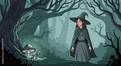 Young Witch Standing in a Mystical Forest.