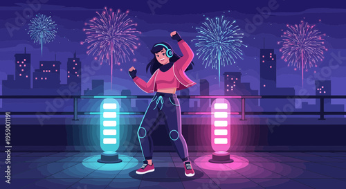 Young Woman Dancing with Headphones on Rooftop.