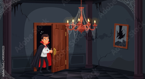 Cartoon Vampire Character Opening Door in Spooky Mansion.