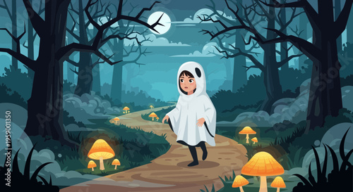 Child in Ghost Costume Walking on Path.