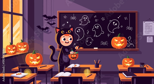 Cute child dressed as black cat holding candy bucket.