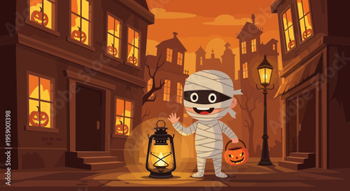 Cute Mummy Character Holding Lantern and Candy Bucket.