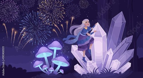 Enchanting young woman with long hair amidst glowing crystals and magical mushrooms.