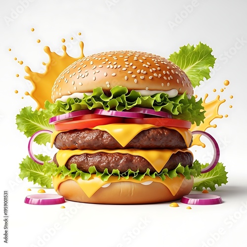 A large double cheeseburger with lettuce tomato onion and cheese on a sesame seed bun with sauce splatter  food closeup