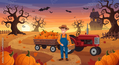 Farmer with Tractor and Pumpkins Harvest Scene.