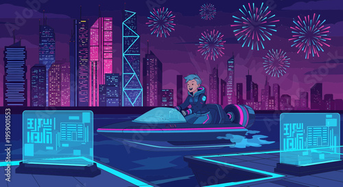 Futuristic Woman in Cyberpunk Cityscape with Holographic Displays.