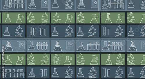 Science Laboratory Pattern: Microscopes, Beakers, Test Tubes - Medical Research Background