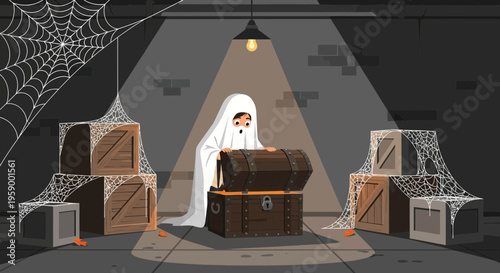 Ghost guarding treasure chest in spooky attic.
