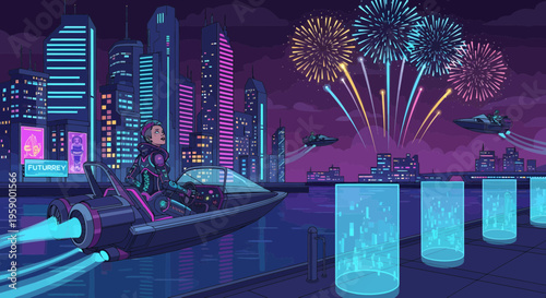 Futuristic Woman Enjoying Fireworks Display on Watercraft.