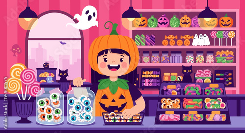 Happy child in pumpkin costume holding candy basket.