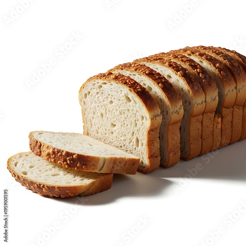Sliced loaf of white bread on a white background with crusty texture and sesame seeds on top