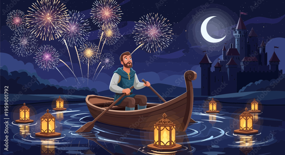 Obraz premium Man rowing boat with lanterns and fireworks.