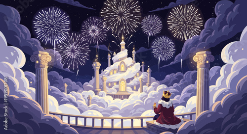 Majestic King Gazing at Fireworks Display.