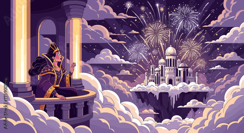 Majestic King Gazing at Floating City Fireworks.