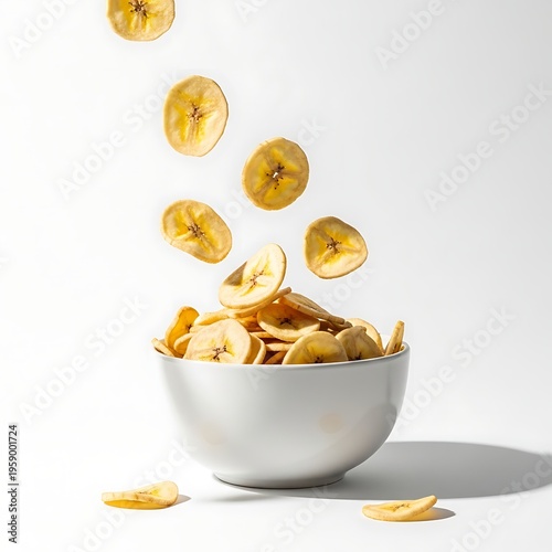 A bowl of banana chips with some slices falling into it and lying on the table around white background
