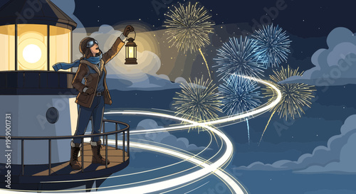 Man holding lantern on lighthouse balcony celebrating fireworks.