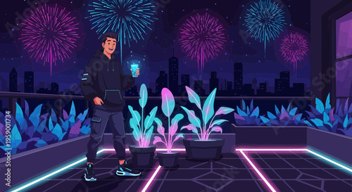 Man holding phone on rooftop with fireworks.