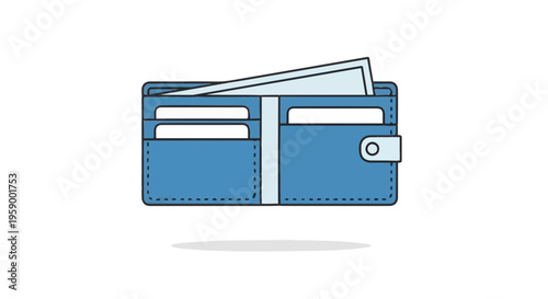 A flat vector illustration of an open blue wallet showing cash bills and credit card slots. The design is minimalist with a clean outline, featuring a snap button closure and a soft shadow underneath.
