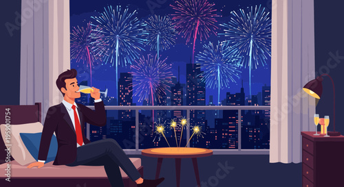 Man in Suit Enjoying Champagne with Fireworks View.
