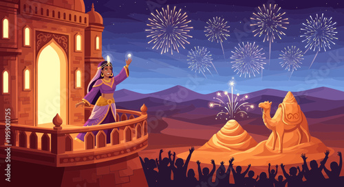 Man on balcony lighting fireworks over desert city.