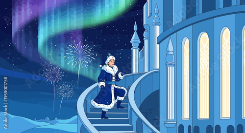 Man in ornate blue fur coat walking up stairs.