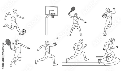 Black and white minimal outline sports gesture icon set clean athlete illustration isolated on transparent background