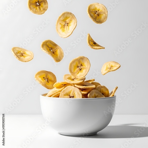 White bowl filled with banana chips and some slices flying above it on plain white background