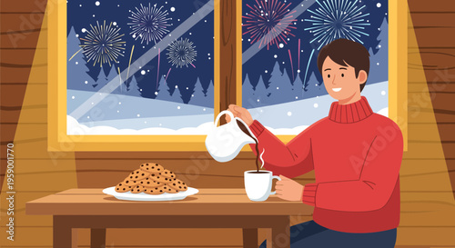 Man pouring hot beverage into mug indoors.