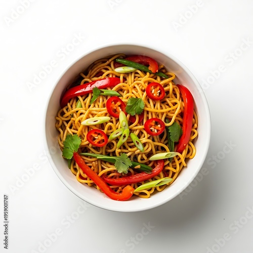 Delicious Asian style noodles with vegetables and chili peppers in a white bowl on a clean surface