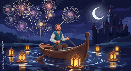 Man rowing boat with lanterns and fireworks.