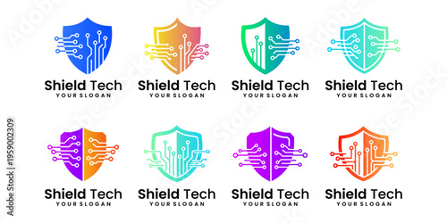 Modern security shield logo designs with futuristic touch, suitable for software, network, and cyber protection companies.