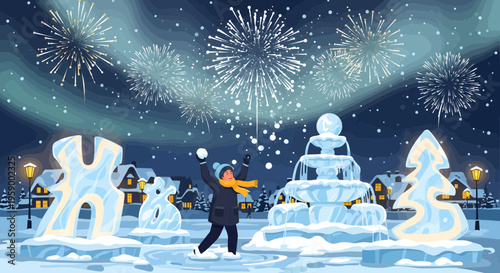 Young boy throwing snowball at ice sculptures during winter festival.