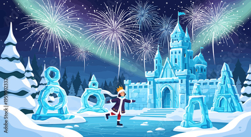 Young boy ice skating in a winter wonderland.