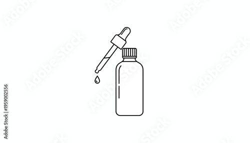 Dropper bottle with falling drop, essential oil, serum, cosmetic, medicine, science, health