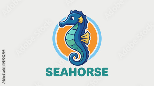 A colorful seahorse character, designed with a friendly demeanor, surrounded by aquatic hues, symbolizing creativity, playfulness, and marine life in a whimsical artistic style.