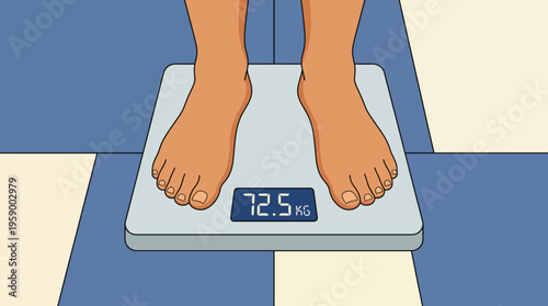 This image presents a digital bathroom scale showing a weight of 72.5 kg, emphasizing fitness and health awareness with a clean and minimalistic design.