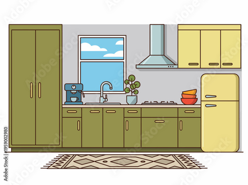 This image illustrates a contemporary kitchen interior featuring stylish cabinets, a sleek sink, and vibrant decor elements, perfect for modern home design inspiration.