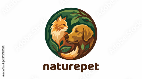 This image showcases a logo featuring a dog and cat nestled in lush foliage, symbolizing nature and companionship, ideal for brand identity in pet care or organic products.