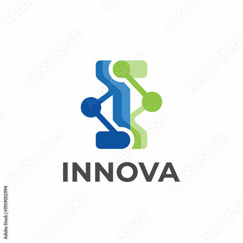 This image features a modern logo representing innovation with interlinked circles in blue and green colors, symbolizing connectivity and creative ideas in a sleek design.
