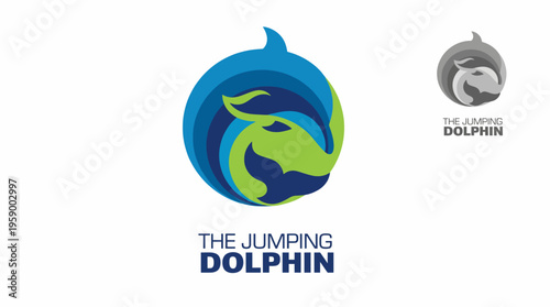 A vibrant logo featuring a stylized jumping dolphin in blue and green tones, ideal for branding purposes related to water sports or marine activities.