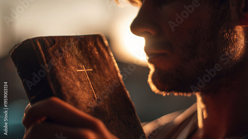 Man holding holy Bible and praying. Religious person reading sacred scripture at sunset. Faith, spirituality and hope. Christian lifestyle and devotion to God for church concept.