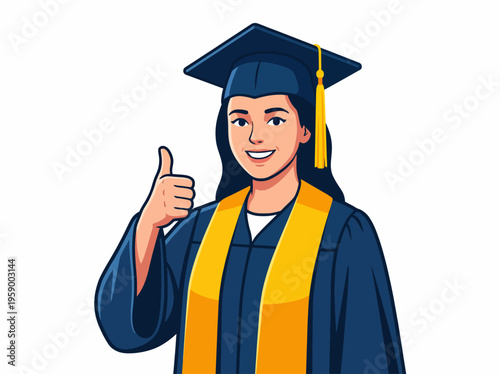 This vibrant illustration features a joyful female graduate in cap and gown, giving a thumbs-up gesture to celebrate her academic achievements and enthusiasm for the future.