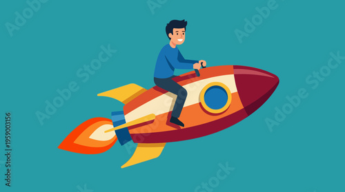 This lively illustration shows a smiling boy riding a cartoon rocket, representing adventure, imagination, and the joy of exploration in a whimsical and colorful style.