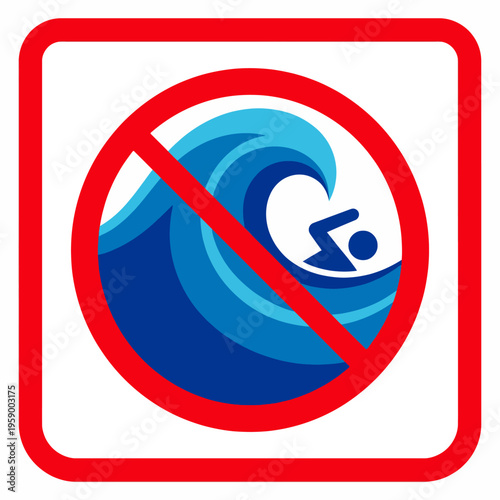 This caution sign features a stylized ocean wave with a diver, indicating a dangerous swimming area, visually communicating safety and the importance of awareness in aquatic environments.