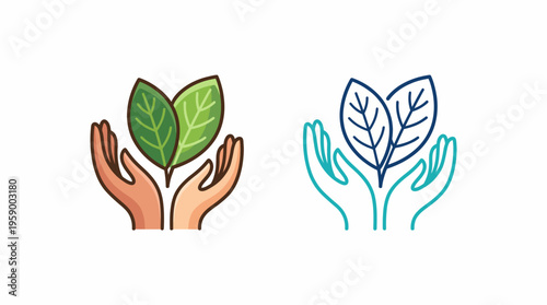 A warm illustration of hands cradling lush green leaves, symbolizing growth and environmental care, perfect for eco-friendly branding or sustainability initiatives.